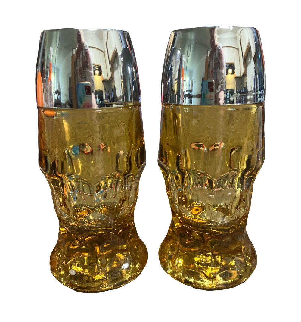 Vtg MCM Anchor Hocking Georgian Amber Glass Salt & Pepper Shakers w/ Metal Caddy